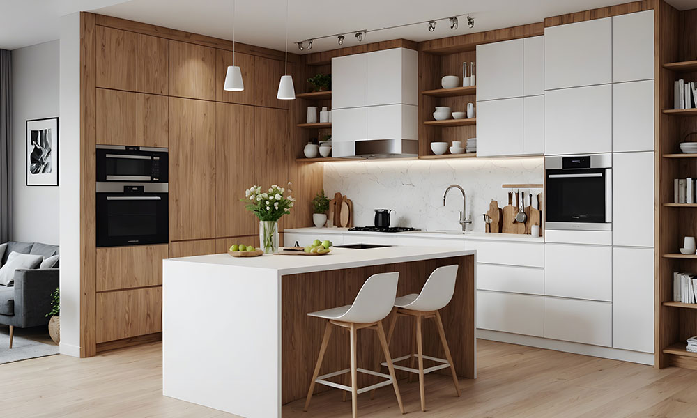 cucina contemporanea legno e bianco